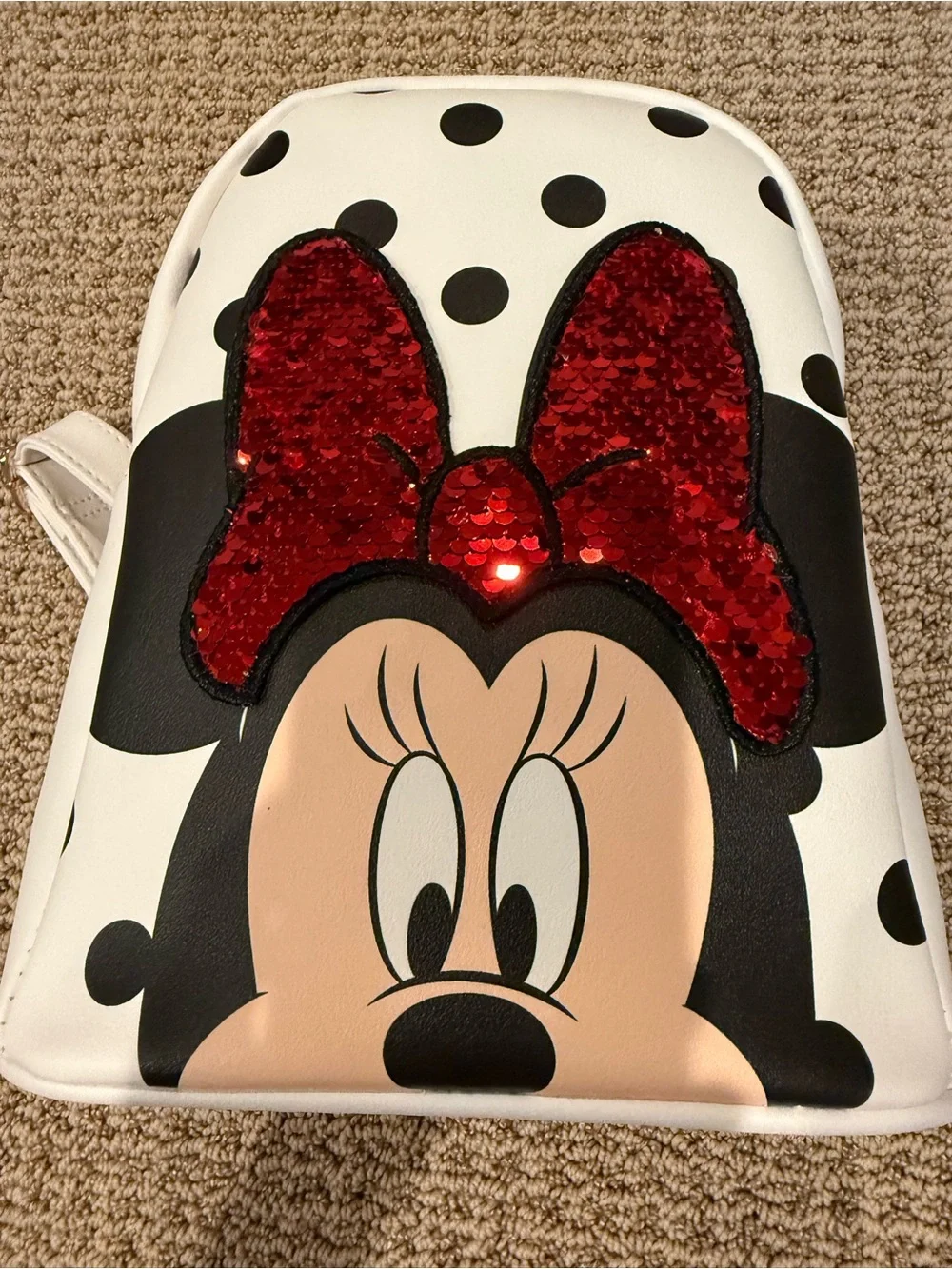 Disney Minnie Mouse White Black Polka Dot Mini Backpack with Red Sequin Bow